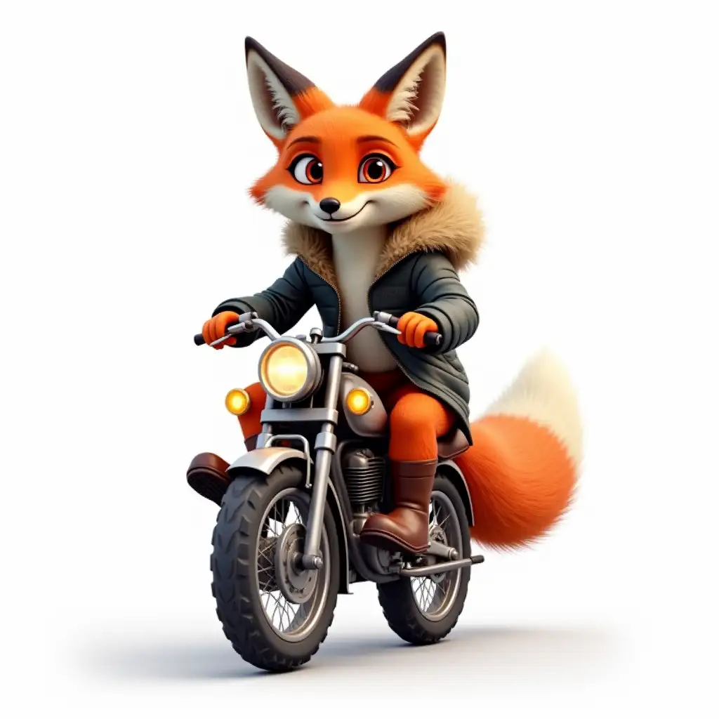 Slender athletic fox with expressive eyes sits on a bike, the furry coat and leather high boots on the fox, the fox is smiling, white background, 3d realistic, watercolor style, bright colors, smooth transitions