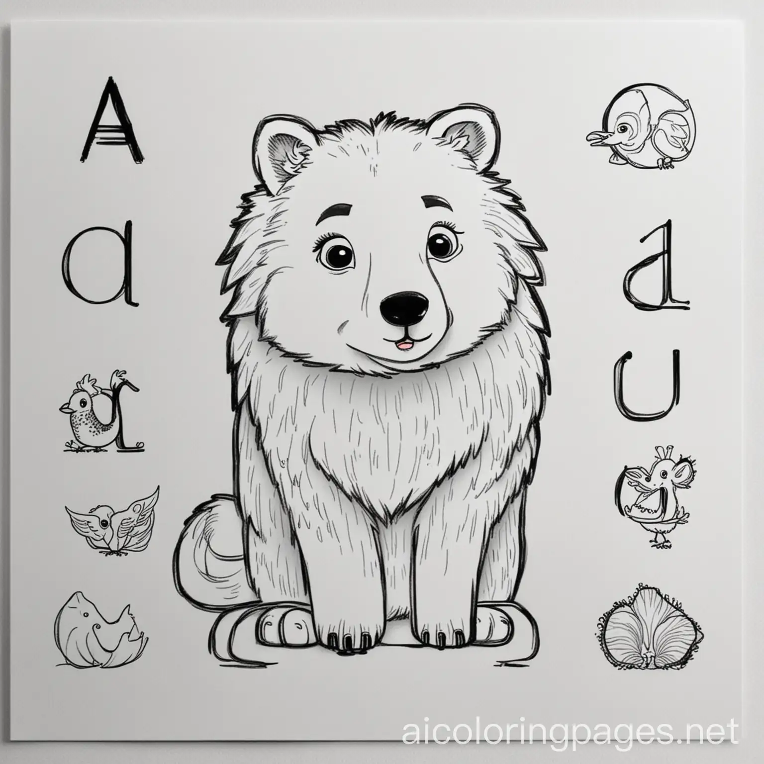 animals alphabet, Coloring Page, black and white, line art, white background, Simplicity, Ample White Space. The background of the coloring page is plain white to make it easy for young children to color within the lines. The outlines of all the subjects are easy to distinguish, making it simple for kids to color without too much difficulty