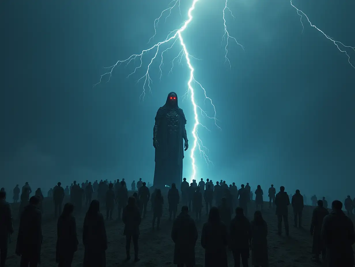 a Cybernetic Jesus Robot, with glowing eyes, on a barren hill, hundreds of people kneel there, lightning flashes in the dark background