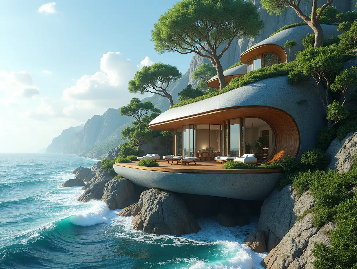 Create a high-resolution, realistic panorama image of a futuristic terrace building with window snail house with many plants and gray and brown facades with sea with very large waves, big trees, blue sky