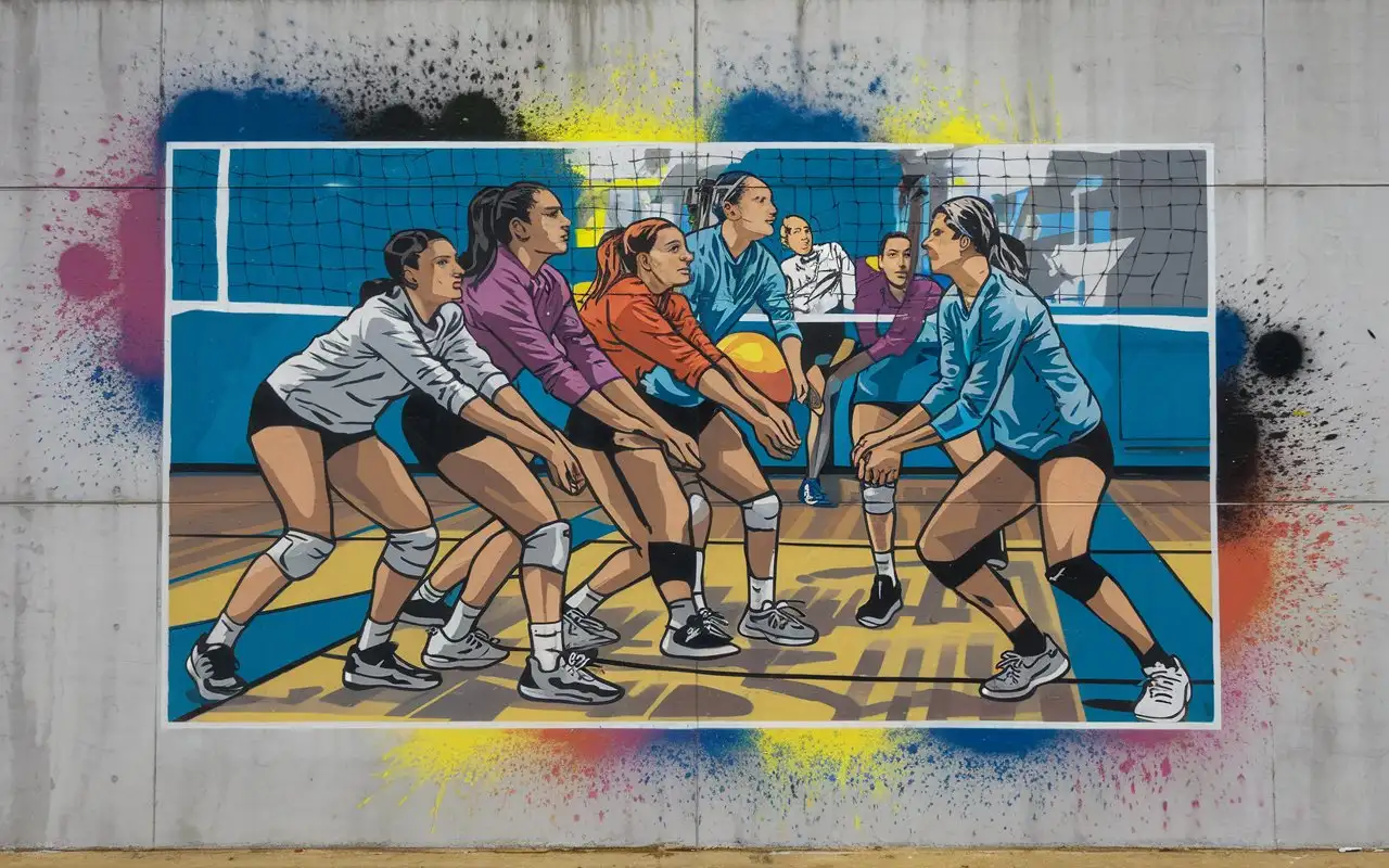 Vibrant Graffiti of a Volleyball Team in Action