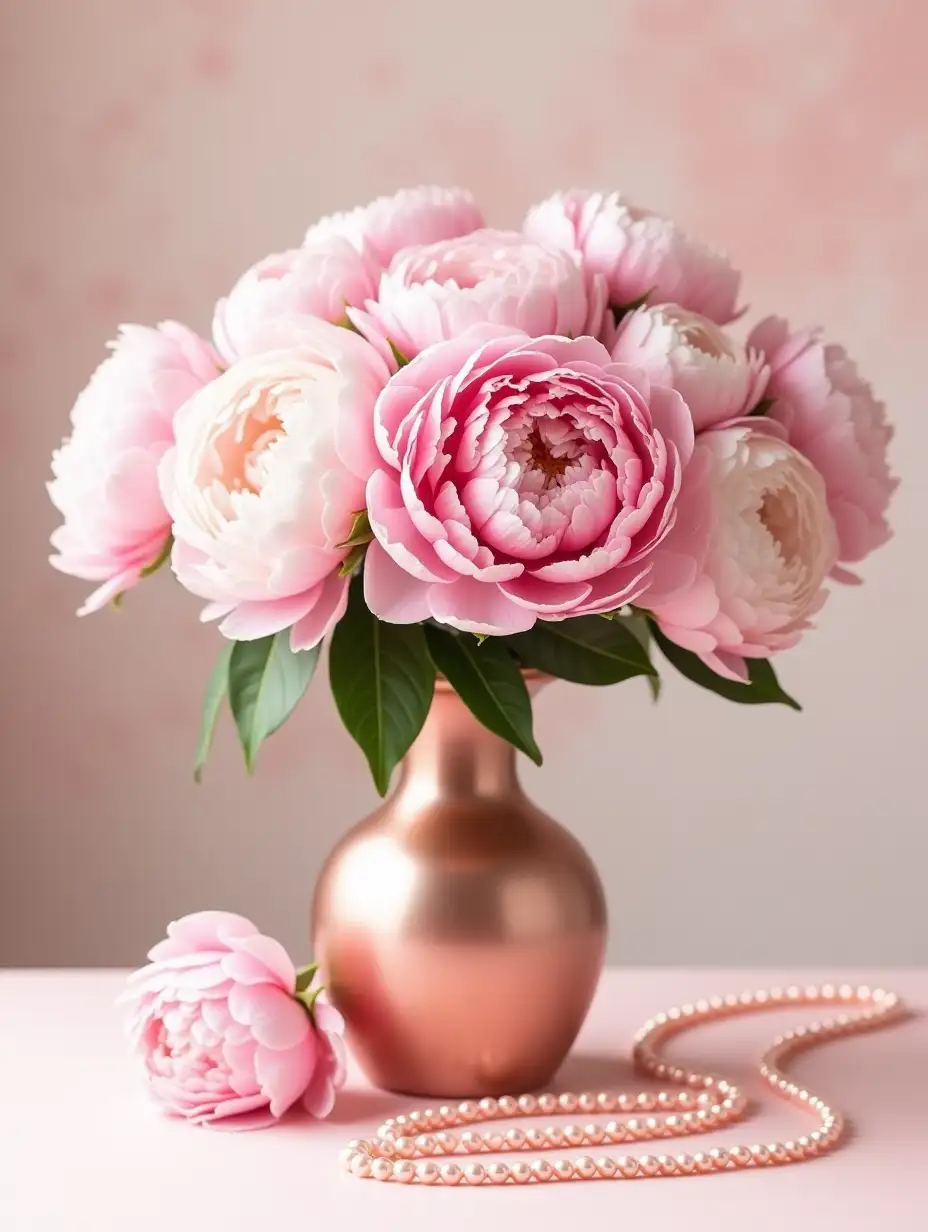 beautiful realistic photo. A large bouquet of pink peonies stands in a rose gold vase on the table. pink pearls are scattered on the table. There is a peony flower next to the vase. the back has a blurry light pink background. beautiful photo. aesthetically pleasing. beautifully.