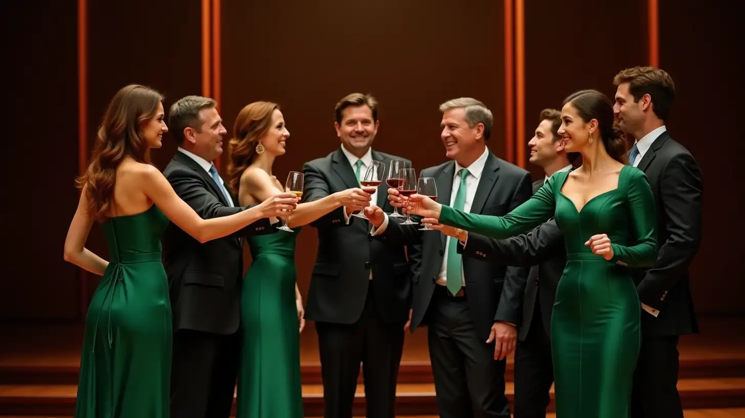 Board of Directors Toasting with Wine on Stage in Glamorous Emerald and Gold Attire