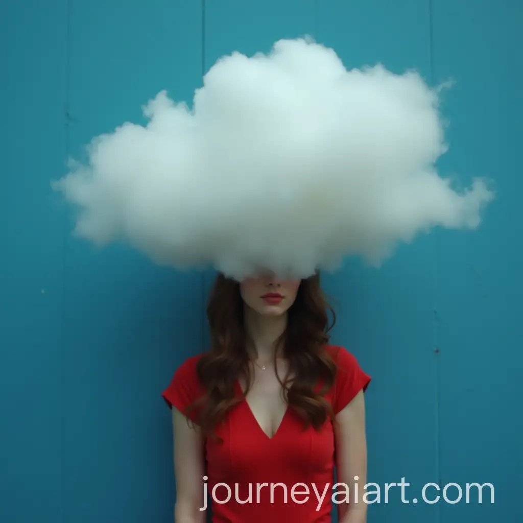 Woman-with-Cloud-Head-in-Red-Dress-Against-Blue-Wall