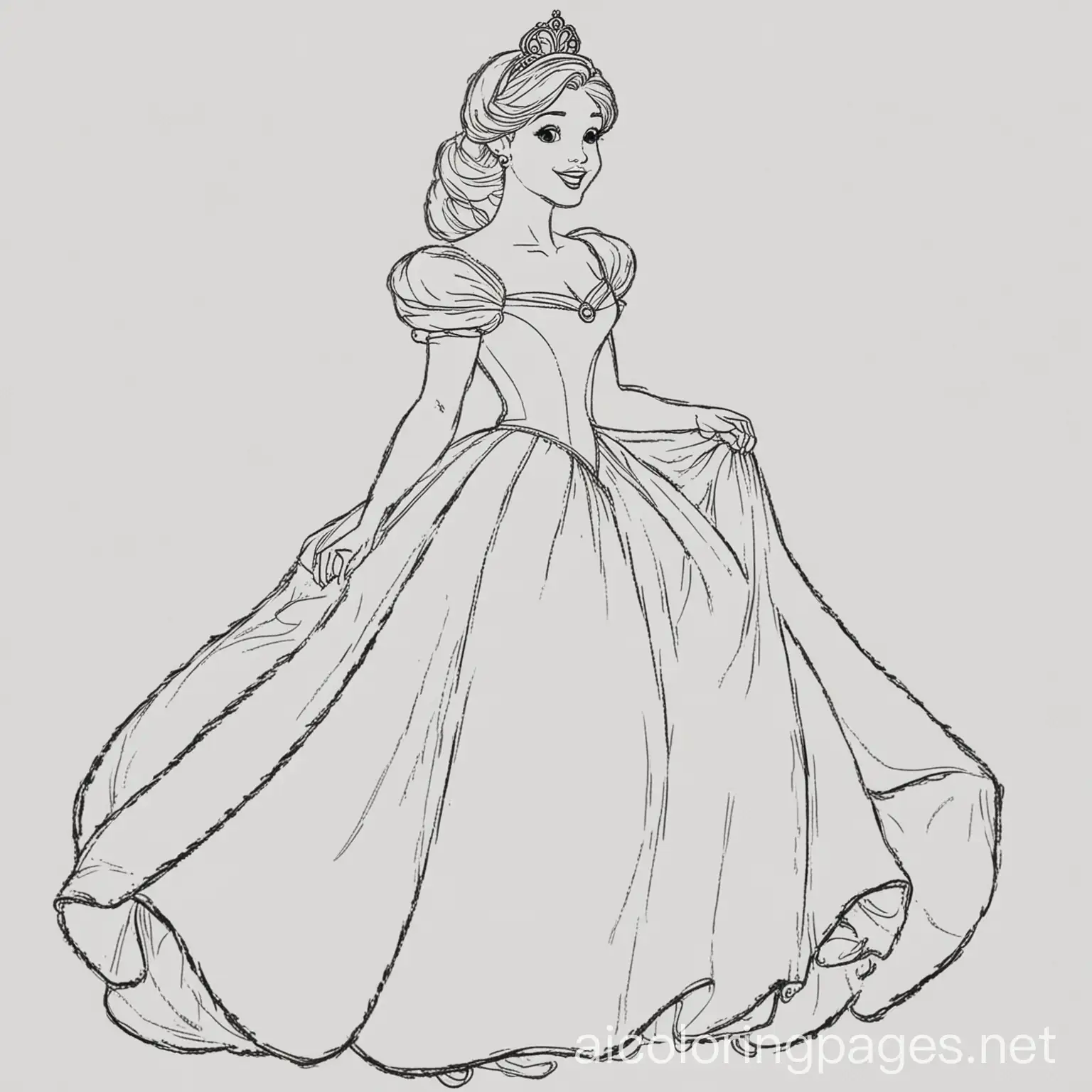 Cinderella, Coloring Page, black and white, line art, white background, Simplicity, Ample White Space. The background of the coloring page is plain white to make it easy for young children to color within the lines. The outlines of all the subjects are easy to distinguish, making it simple for kids to color without too much difficulty