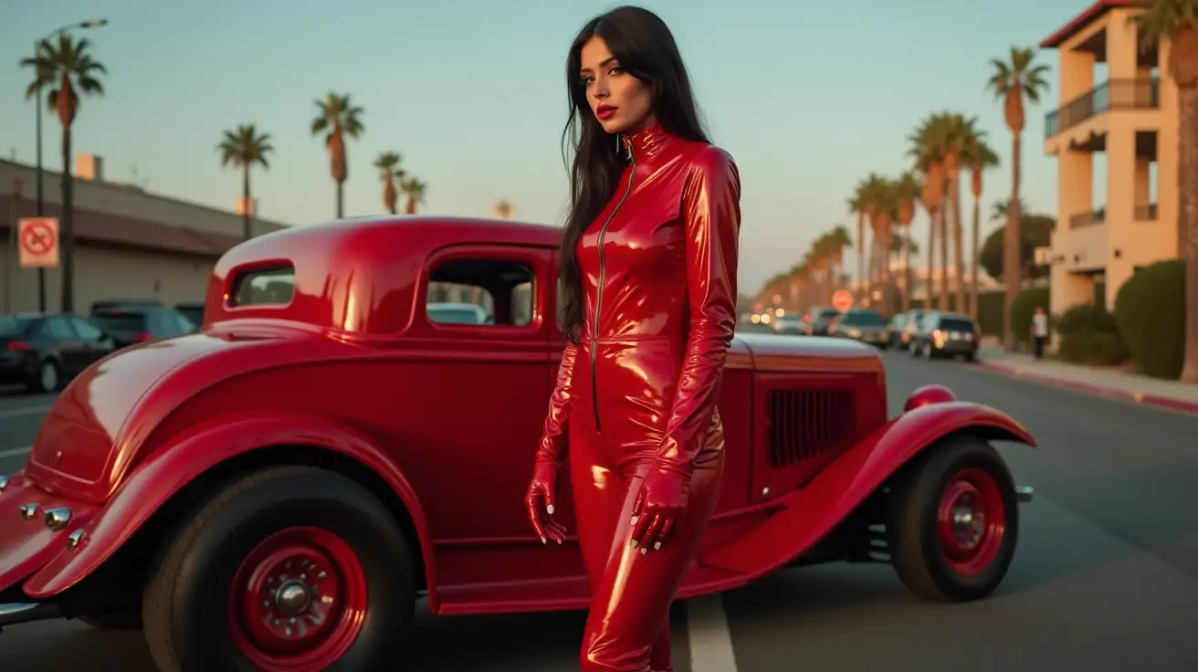 realistic photo, woman standing next to rat rod , wearing red shinny pvc jumpsuit , red shiny pvc jacket , wearing red shinny pvc thigh high boots , red shinny pvc long gloves , in californian street at dusk