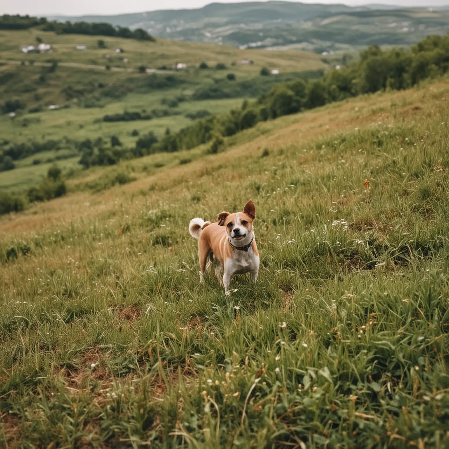 Lonely Dog Searching in Vast Hilltop Field