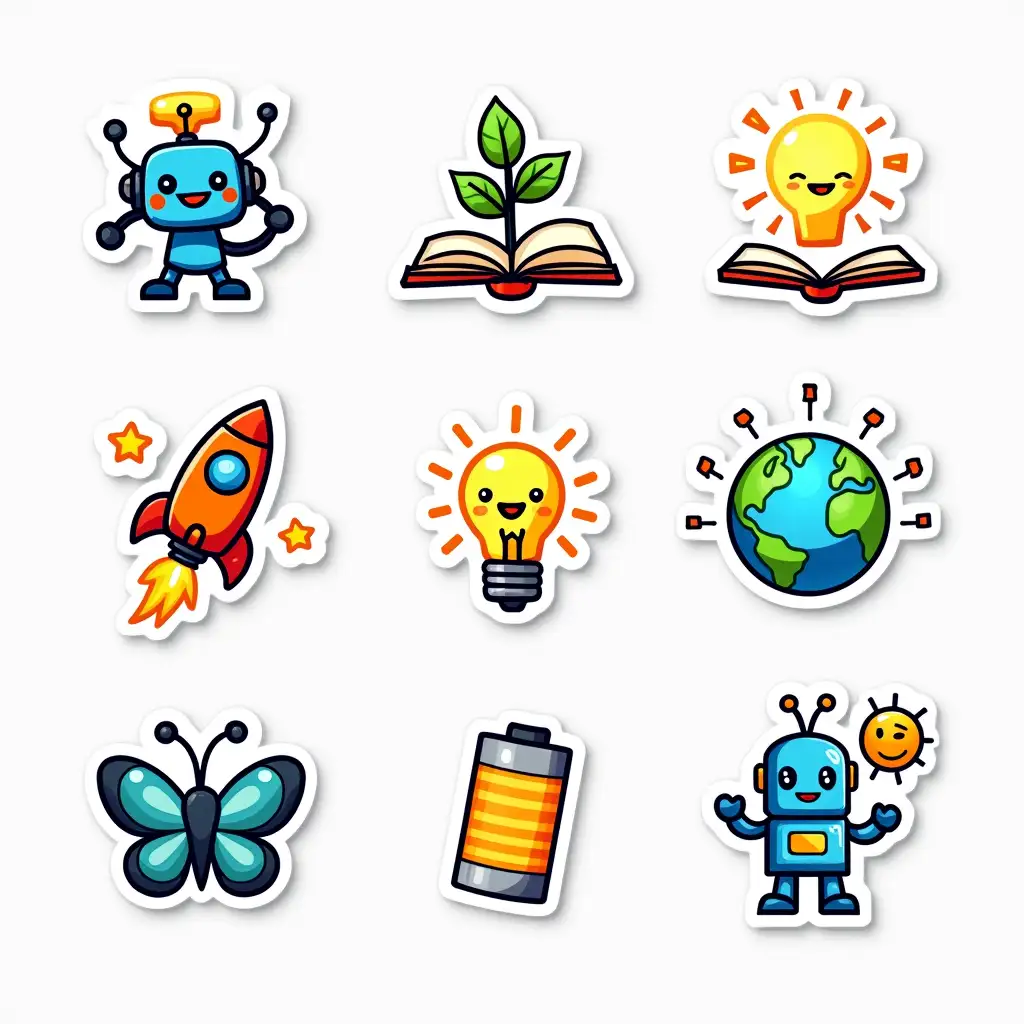 A set of vibrant, playful cartoon-style stickers featuring various themes: a cute robot with a glowing AI brain, a rocket launching from an open book, a light bulb with a plant growing inside, a smiling Earth surrounded by eco-friendly elements, a happy battery icon with a lightning bolt, a digital butterfly with circuit-like wings, and a dancing robot with a disco ball. Each sticker has bold outlines, smooth shading, expressive characters, and a bright, colorful palette. The style is fun, modern, and dynamic, perfect for tech, education, and sustainability themes.