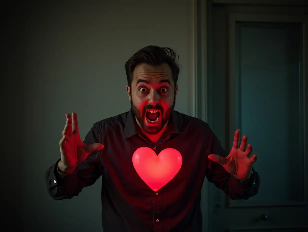 a frightened man holding a valentines gift