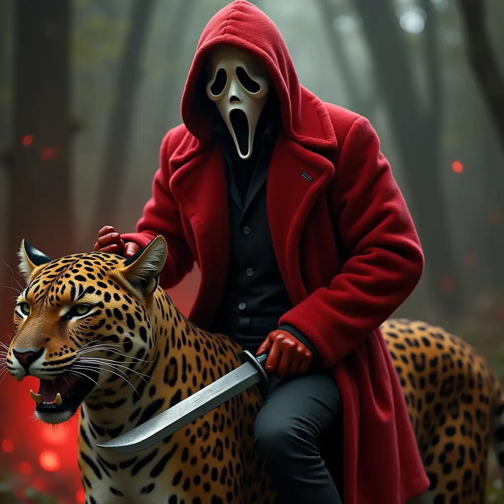 Ghostface from scream, he wears a red mink coat, he holds a bowie knife, he sits/rides on a jaguar (animal), hellish background