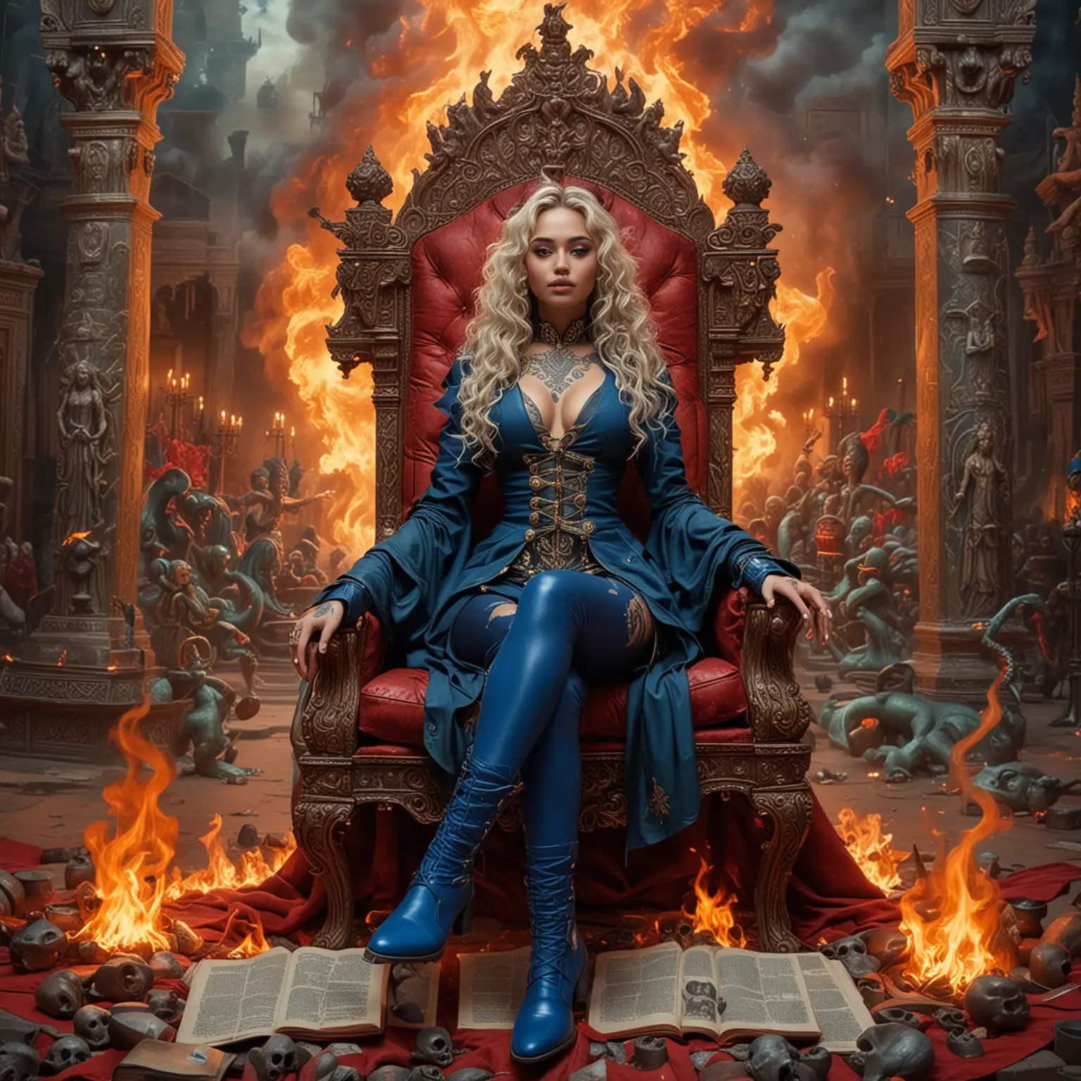 Majestic Empress Goddesses Surrounded by Fiery Dragons and Mystical Symbols