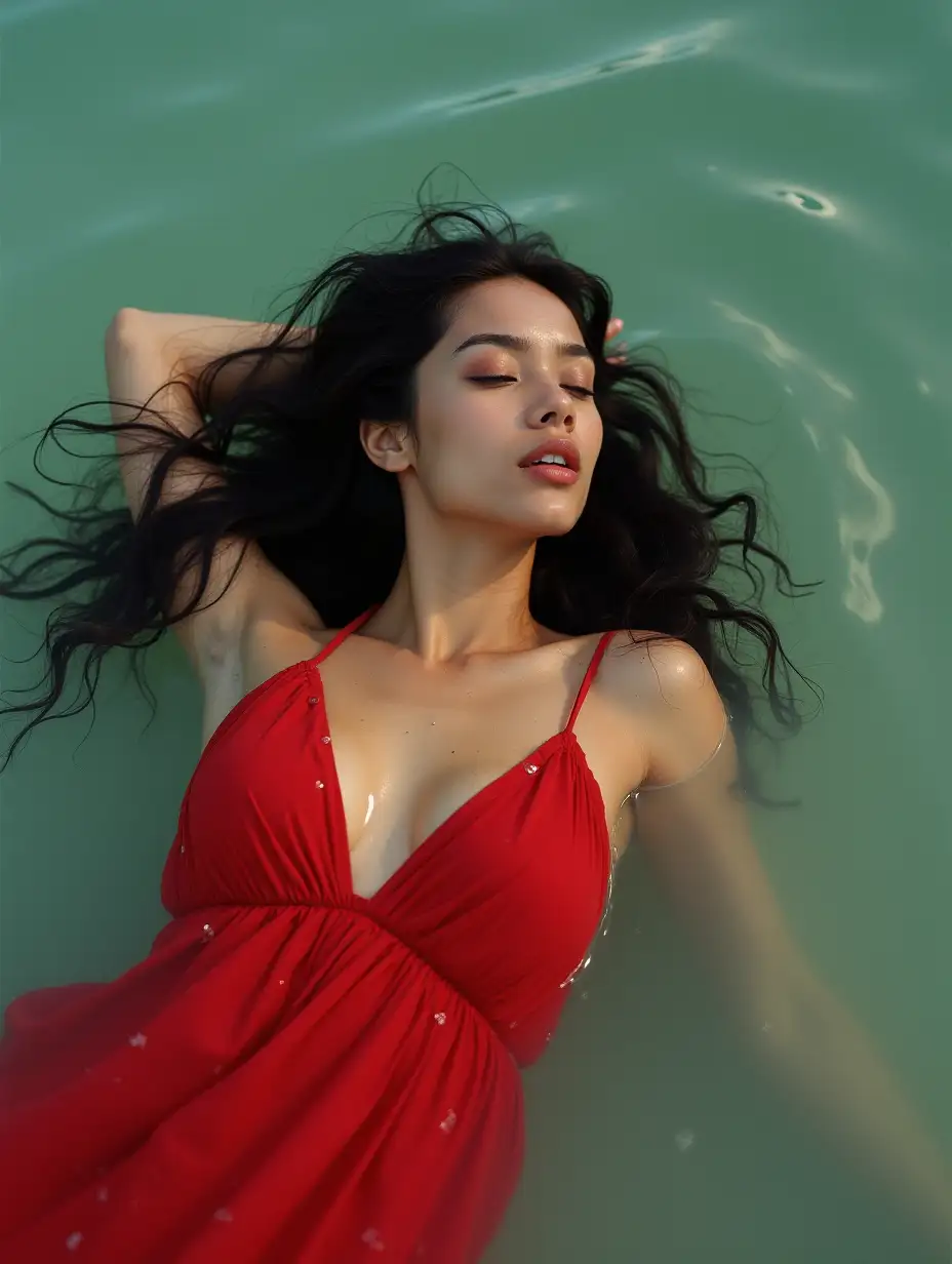 (seductive:1.1) (21.3) year old (indonesian woman:1.1) (lying:1.1) in clear shallow water,(dark:1.2) wavy hair. (She is wearing a red dress) She is (sensual:1.4) and (glistening:1.2). The scene is shot with (Kodakportra1600:1.1) (filmgrain:1.1) (Analogcamera:1.1) (Sharpdetails:1.1) (50mm:1.1)