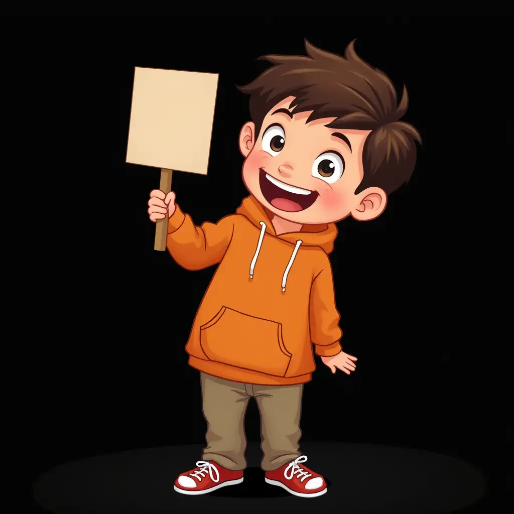 Caucasian-Child-Holding-Sign-in-Orange-Outfit-on-Black-Background-in-Cartoon-Style