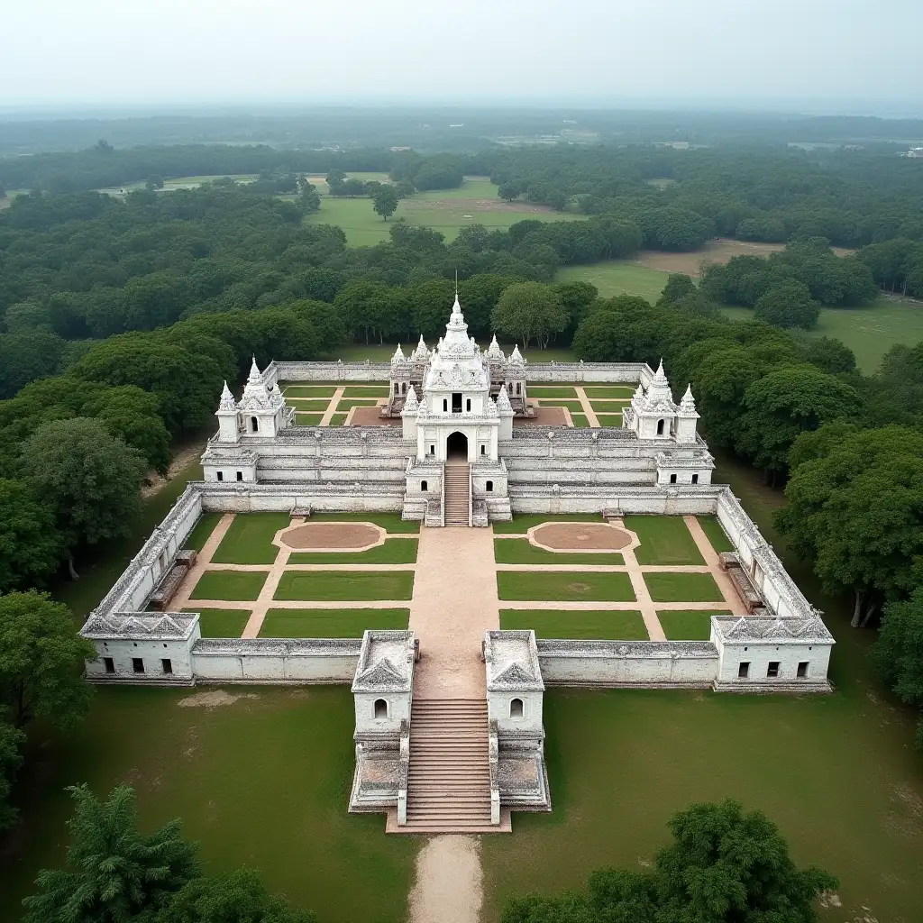 an ancient Indonesian palace colored white and surrounded by palace walls in the savanna. view from above