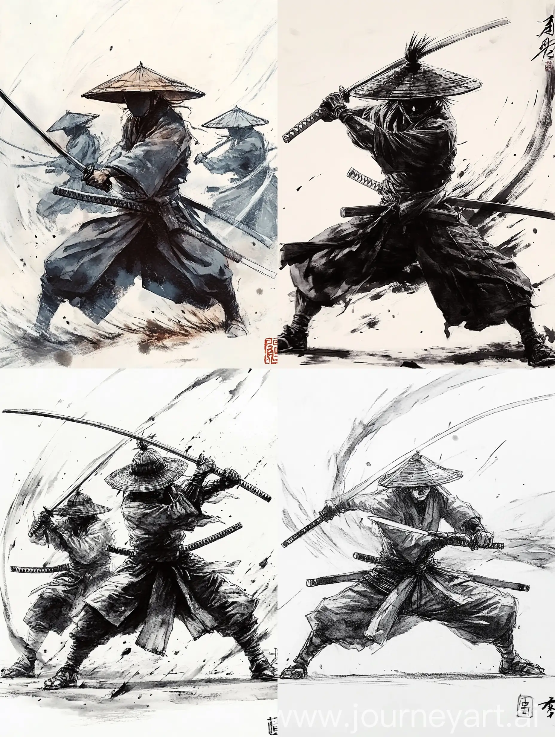 Japanese-Samurais-Practicing-Workout-and-Drawing