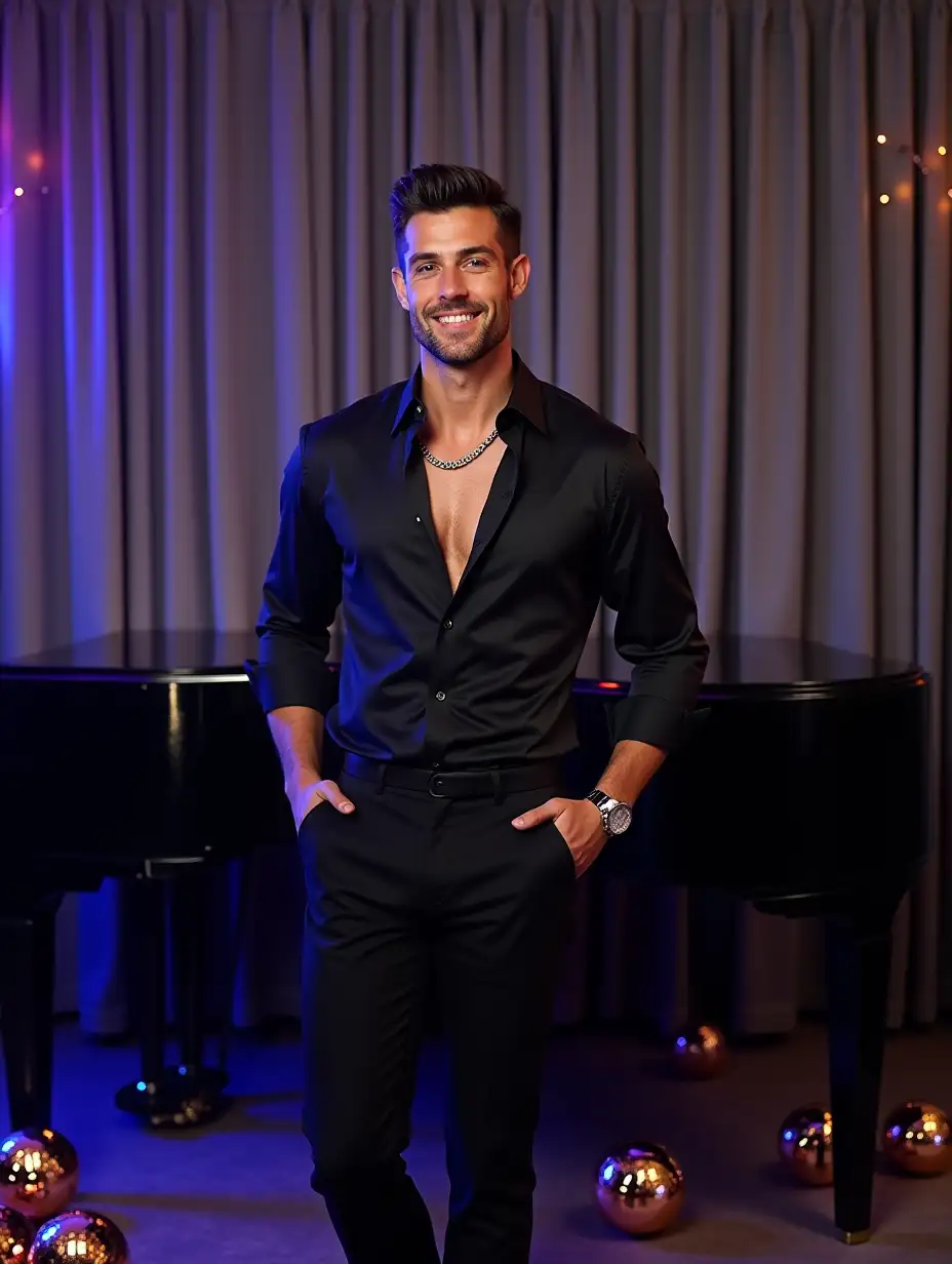 Handsome-European-Model-in-Luxe-Club-with-Vibrant-Party-Lighting-and-Grand-Piano