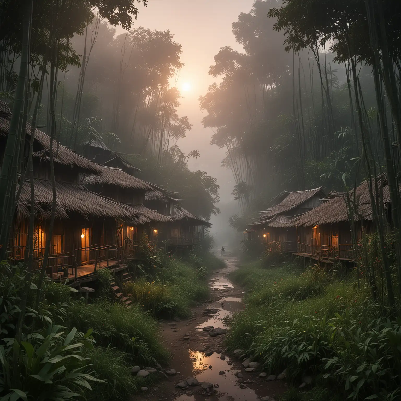 /imagine prompt: A comic-style scene of a forgotten village deep in the jungle, bamboo and wooden houses crumbling, engulfed by wild plants and vines. The scene captures the atmosphere at dawn, with a mist hanging low over the ground, the jungle vibrant and alive with colors. --v 6.0
