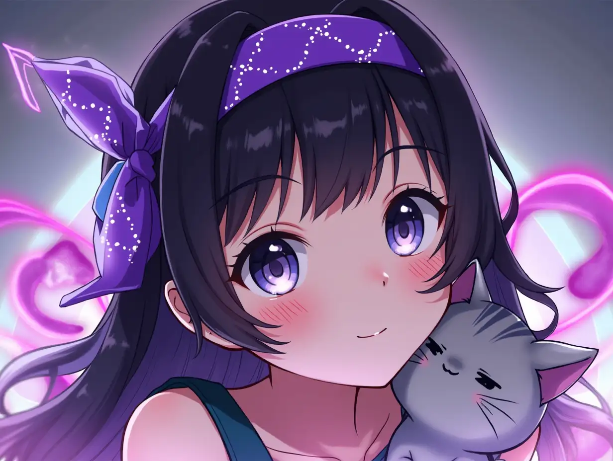 A girl with a purple bandana on her head, black hair, Caucasian features, streamer, neon, and a gray kitty nearby