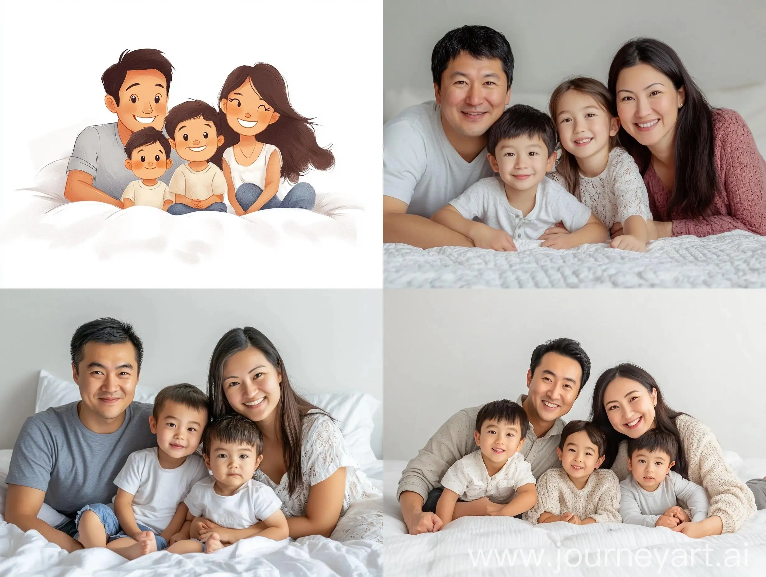 Happy-Family-on-Soft-White-Bed-Asian-Father-Russian-Mother-Mixed-Race-Children