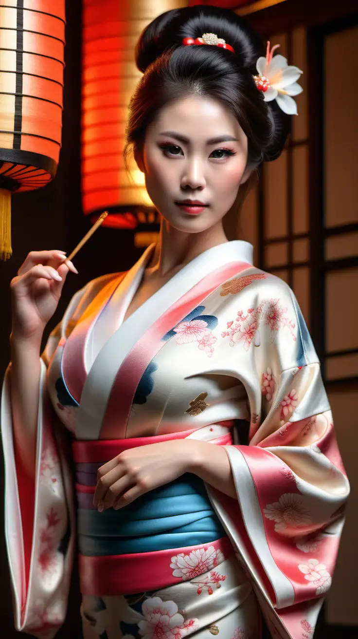 Elegant-Japanese-Woman-in-Sensual-Pose-Wearing-Luxury-Kimono-at-Temple