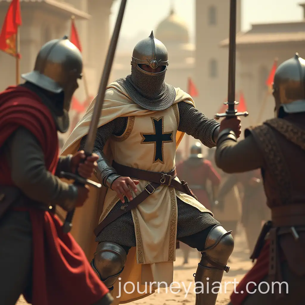 Brunette-Male-Knight-Crusader-Defeats-Muslim-Warriors-in-Medieval-City