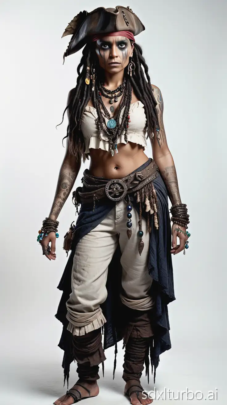 Full body portrait of Tia Dalma (Calypso) from Pirates of the Caribbean, standing on a plain white background, looking straight ahead. Realistic cinematic style. Dark braided hair with beads and shells, mysterious dark eyes, intricate tribal tattoos, and dark makeup. Wearing a detailed, weathered voodoo-inspired outfit with layered fabrics, seaweed textures, and jewelry made of bones and charms. Natural lighting, high detail, lifelike skin texture, realistic fabric folds, full body centered in frame, professional studio shot. visible from head to toe.