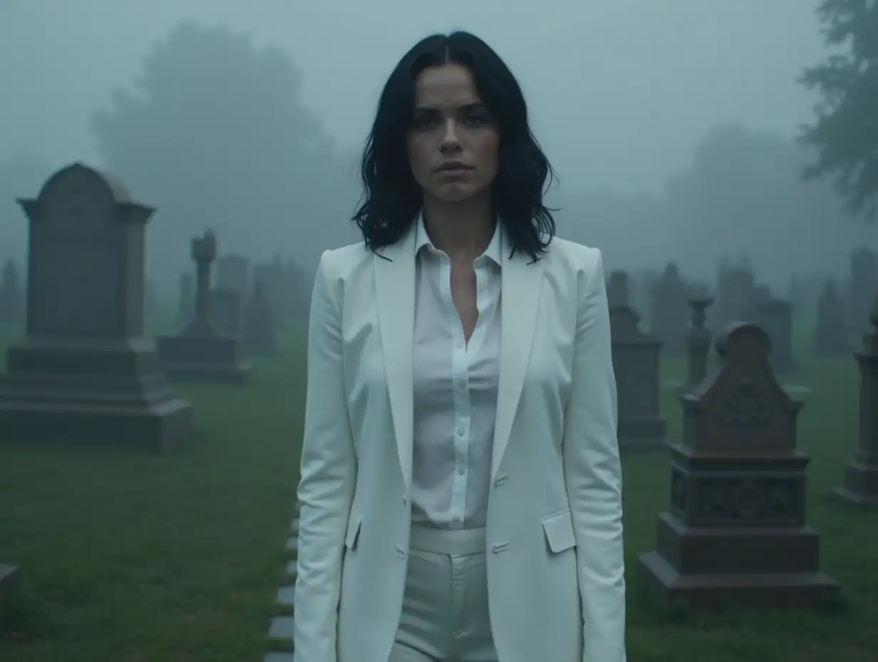 Teagan Croft as Rachel Roth from DC Titans Live-action Show after Season 4 as the vessel of Lucifer, in a graveyard, alone at Foggy Daytime Setting. Half Length View (With her iconic white suit and a fitted white shirt underneath. Based on Lucifer Supernatural accurate all-white suit, accurate Teagan Croft actual body type and accurate Season 4 Rachel Roth shoulder-length darker black hairstyle).