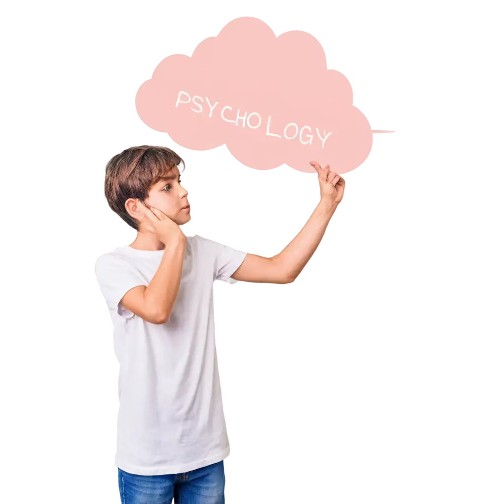 Create a picture in which a boy is thinking what is psychology in cloud in his mind