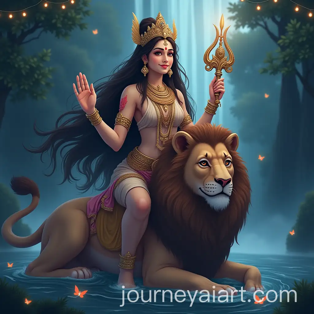 Hindu-Goddess-Durga-with-Trishul-on-Lion-Ethereal-Waterfall-Background