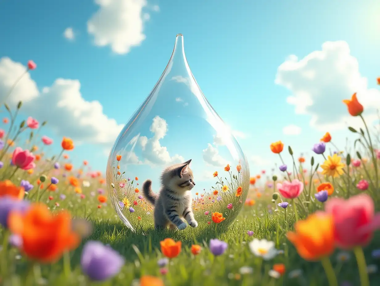 A view of a flower field spreading inside a transparent teardrop, with vividly colored flowers swaying in the wind and basking in the sunlight. A fluffy kitten can be seen playing in the middle of it. The kitten is full of curiosity, jumping around among the flowers, sometimes touching their petals or looking around. The scenery outside the teardrop is serene with clear blue sky and white clouds spreading wide.