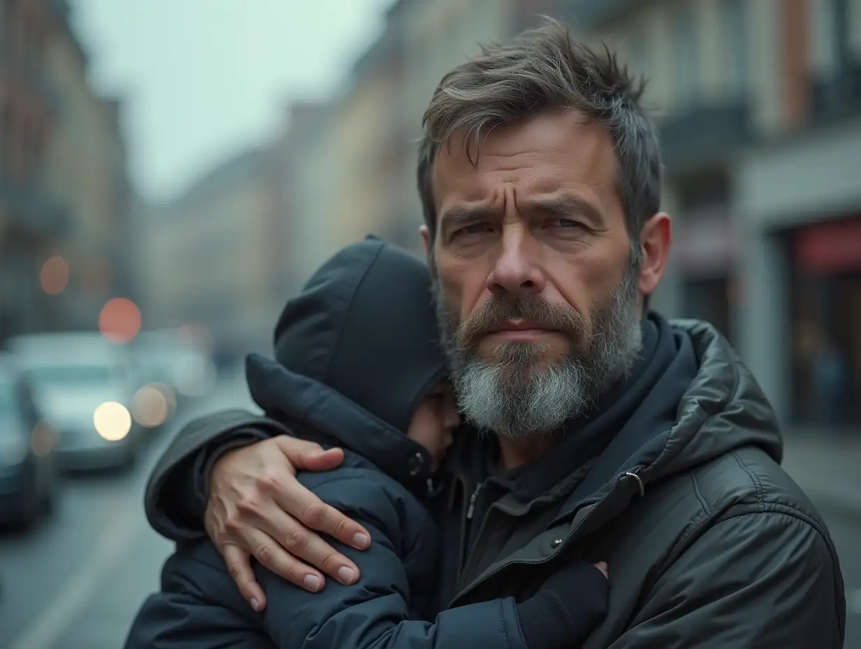 create an image of a suffering person in an urban city scene with a gray and soft color palette, showing a man with a tired face, calloused hands, rough features, and a beard, make him look around 32 years old, with a wife and child