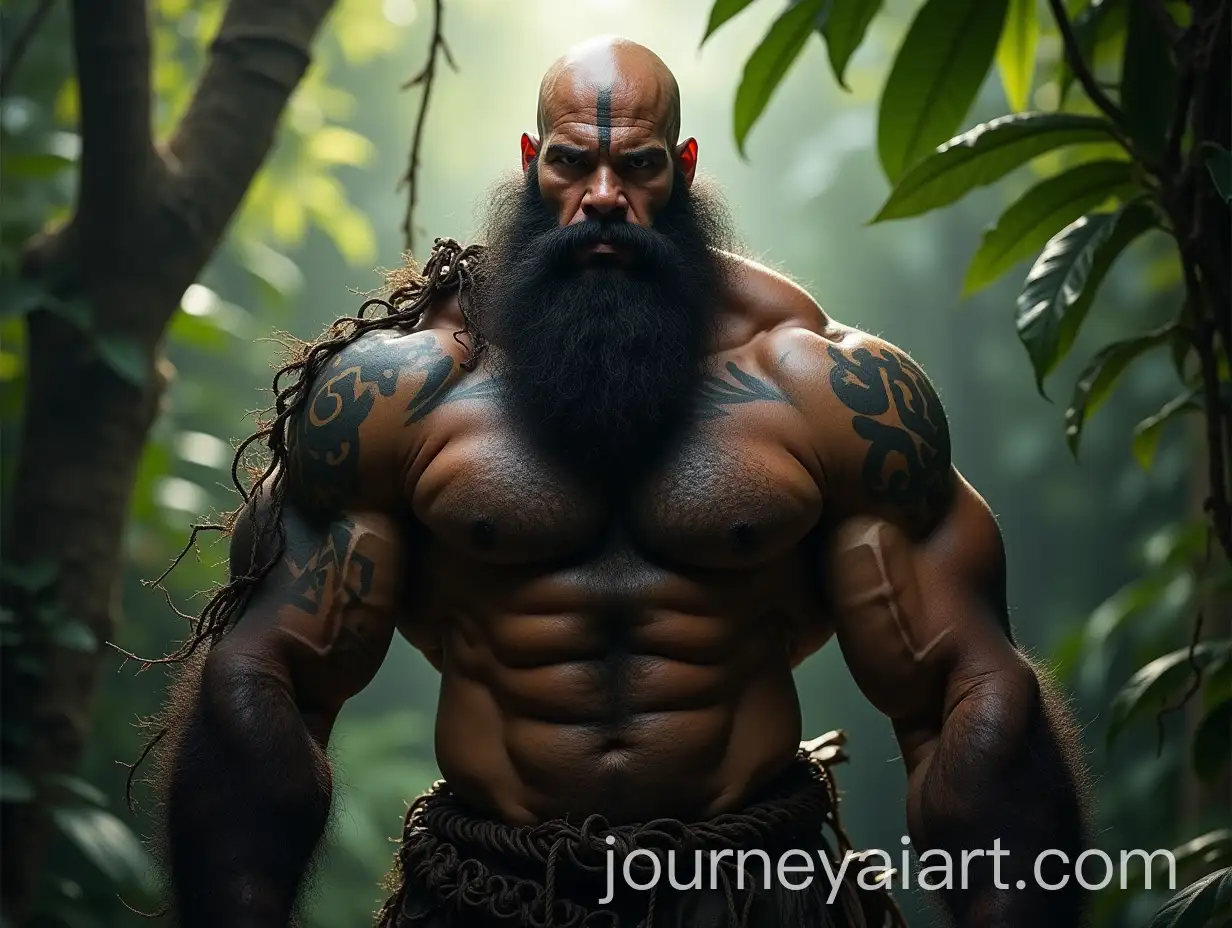 Bald-Bearded-Colossus-with-Tribal-Tattoos-and-Warrior-Paint-in-Jungle