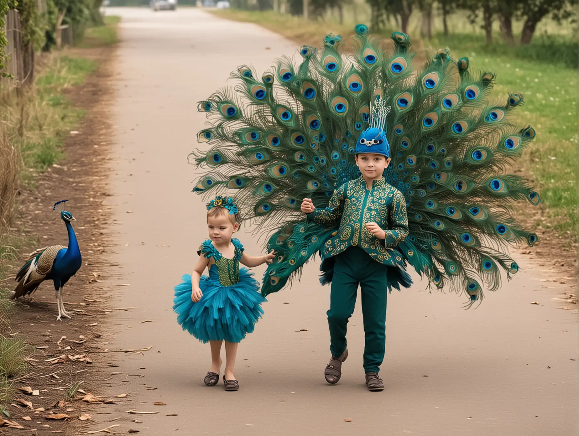 Generate a video of a 4 year old kid in peacock costume walking with a real peacock child