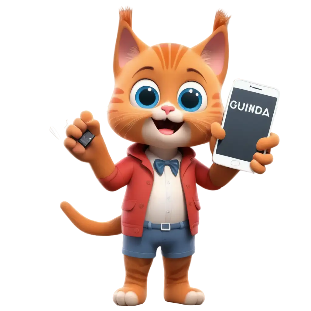 kitten (color Guinda Meaning) animated in 3d holding a large white phone