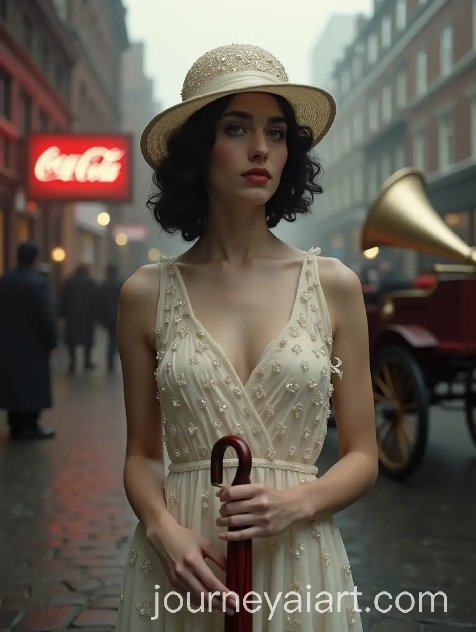 1920s-Noir-Fashion-Portrait-in-London-with-Neon-Signs-and-Horse-Carriages