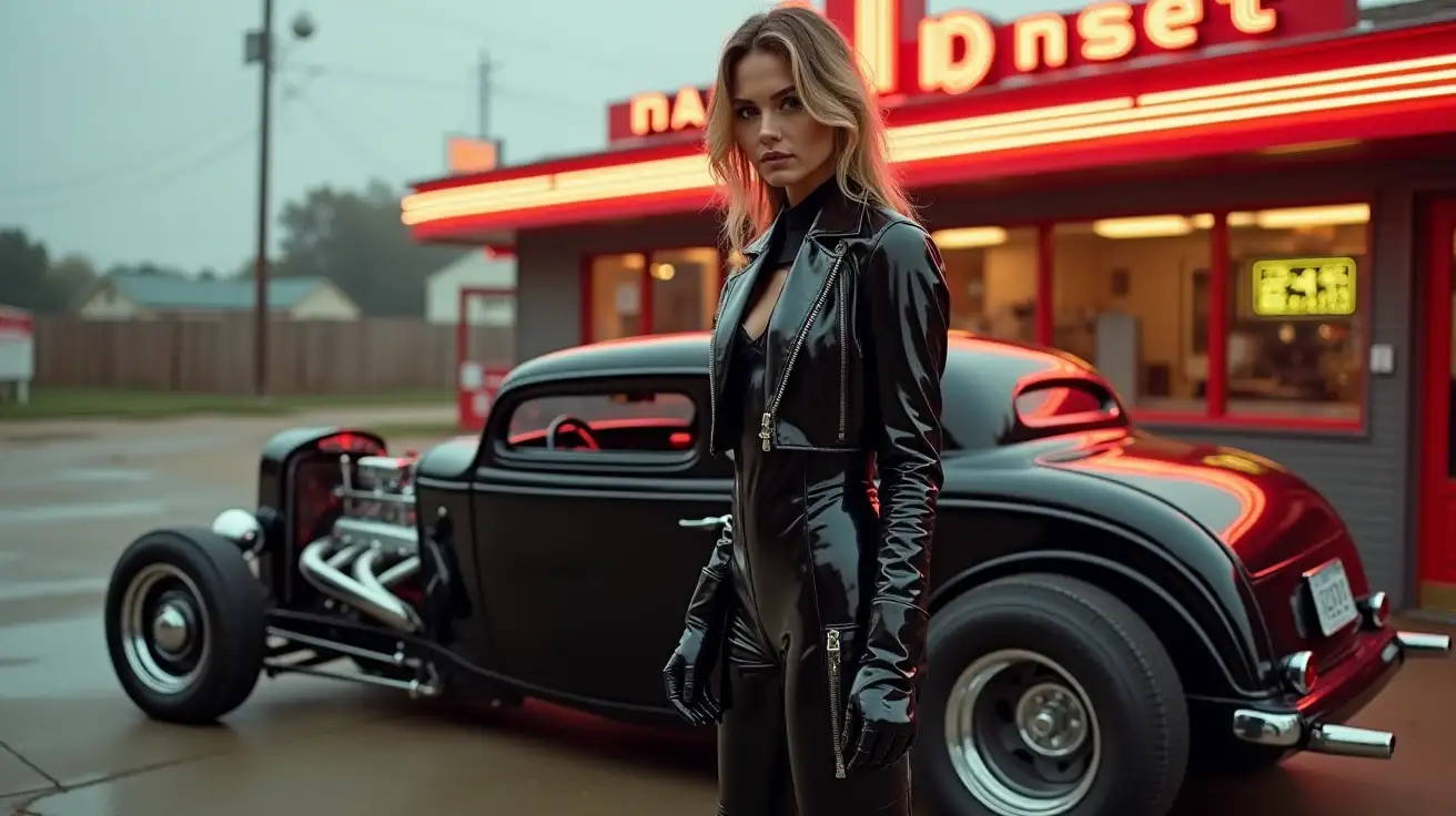 realistic photo , woman standing next to rat rod , wearing black shinny pvc jumpsuit , shiny pvc jacket , wearing black shinny pvc thigh high boots , shinny pvc long gloves , outside vintage diner