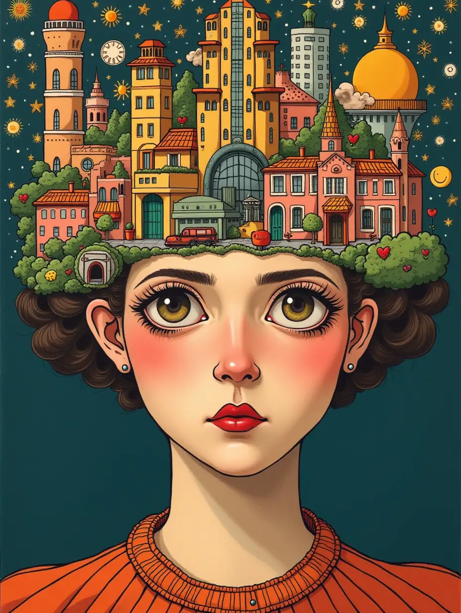 Art Nouveau style painting of A person who looks shy and whose head transforms into an elaborate world, presenting the concept of creativity and arts, design, fashion, architecture, while the face is adorned with a colorful cartoon style.