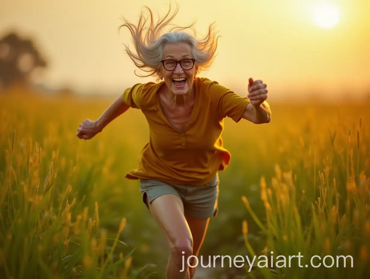 Elderly-Woman-Running-Barefoot-in-a-Green-Field-at-Sunset