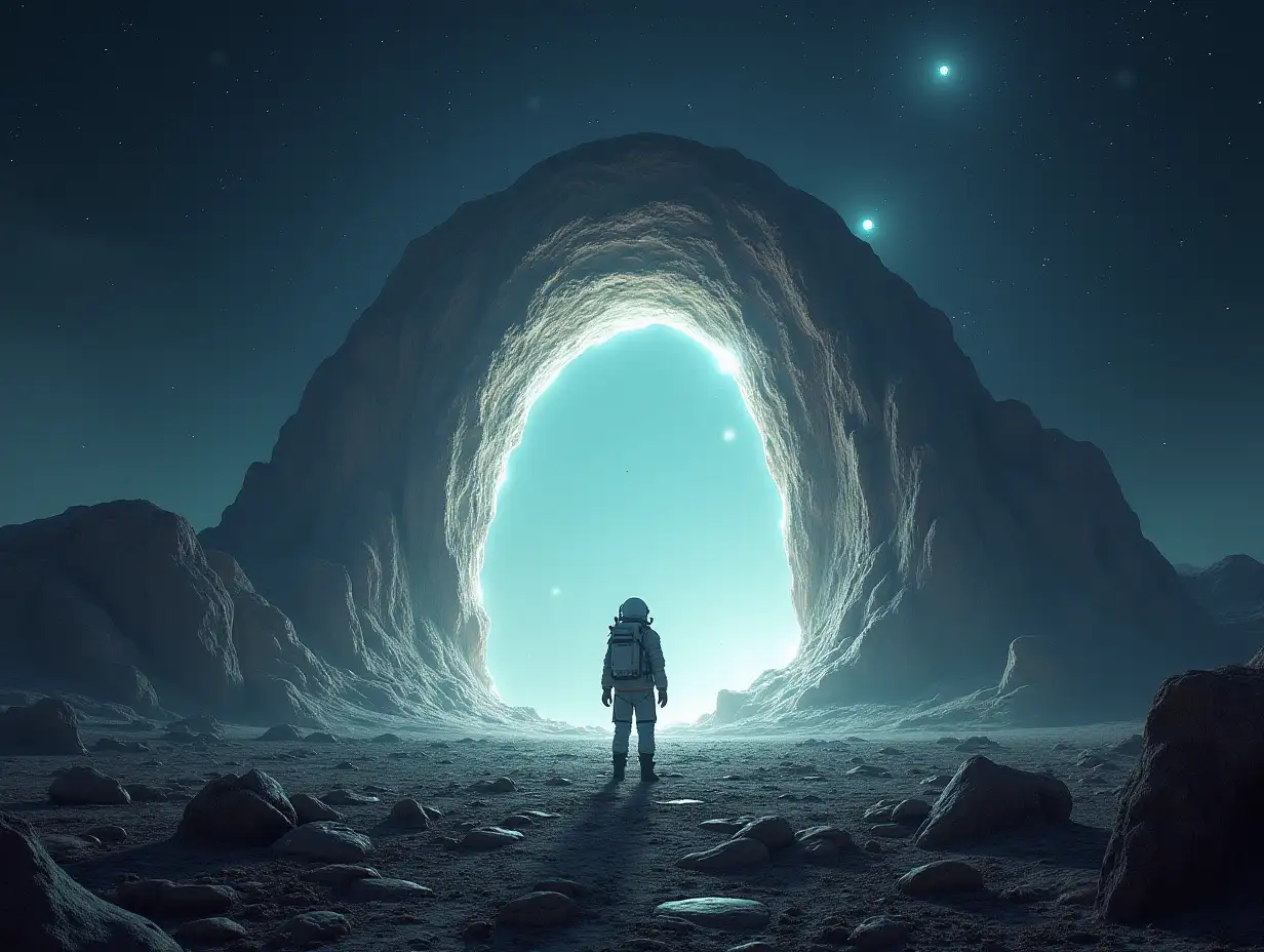 Lone-Astronaut-Facing-Cosmic-Gateway-on-Alien-Landscape