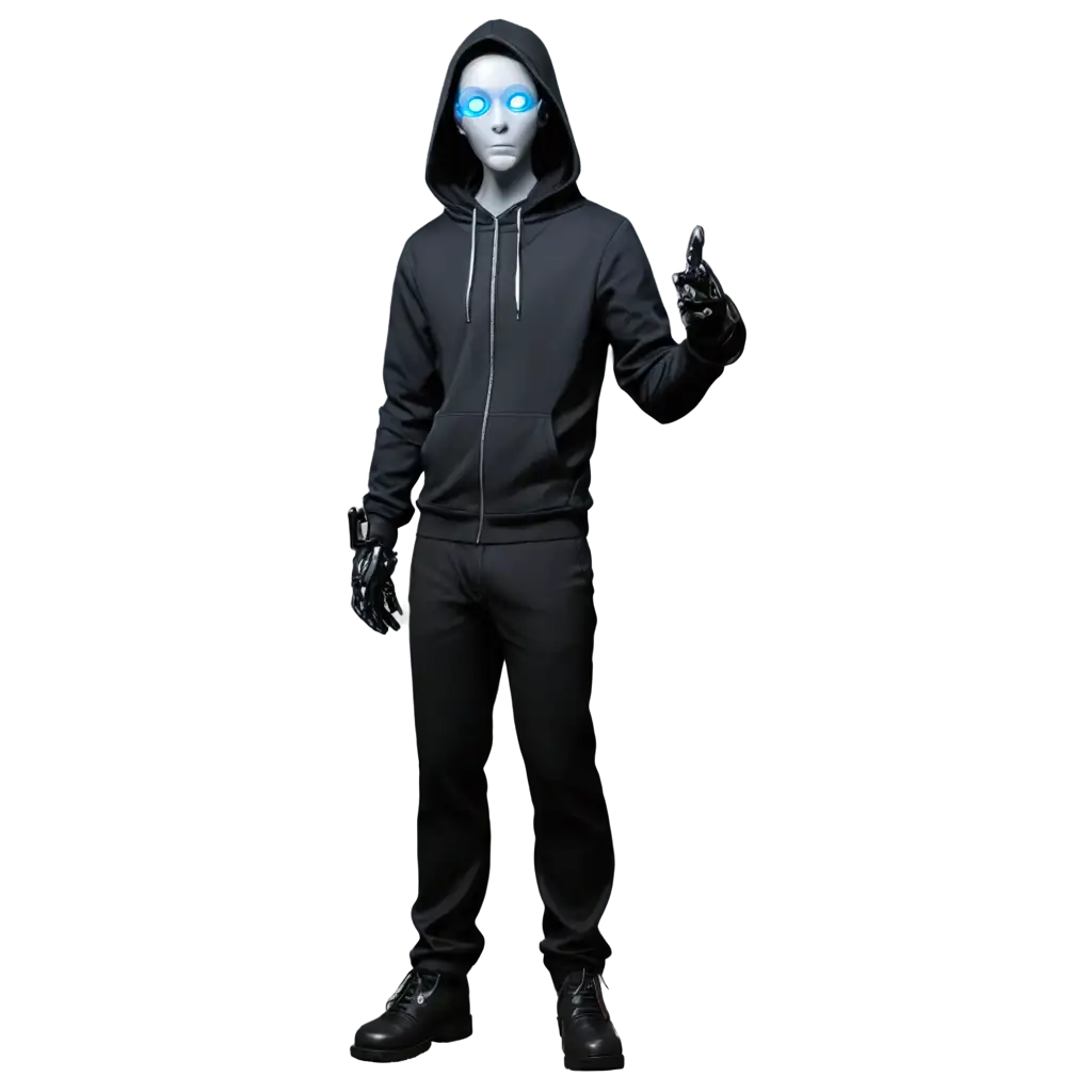 Anime-Male-Character-PNG-HalfRobot-in-Black-Suit-with-Hood-and-Gloves-Pointing-Up