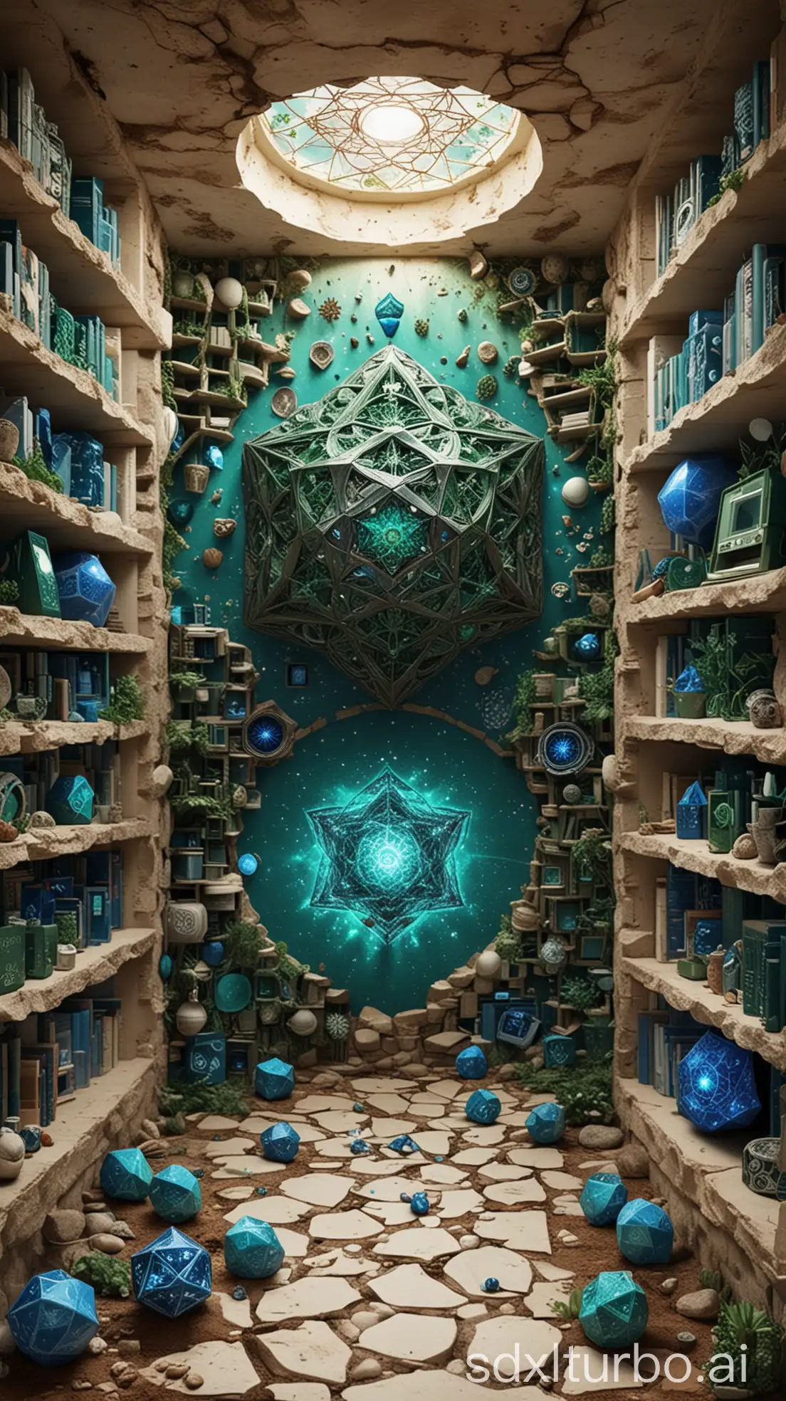 a beautiful alien garden, (dodecahedra on shelves), (a computer), ((blue formulas) and (dark green computer language code) on the white stone walls)), mandalas and many formulas on posters, symbols on walls, spiraling reddish seashells, posters with mandalas, starry sky and galaxy in the background, bright sunny and mysterious atmosphere, high precision, low saturation, off-white colors