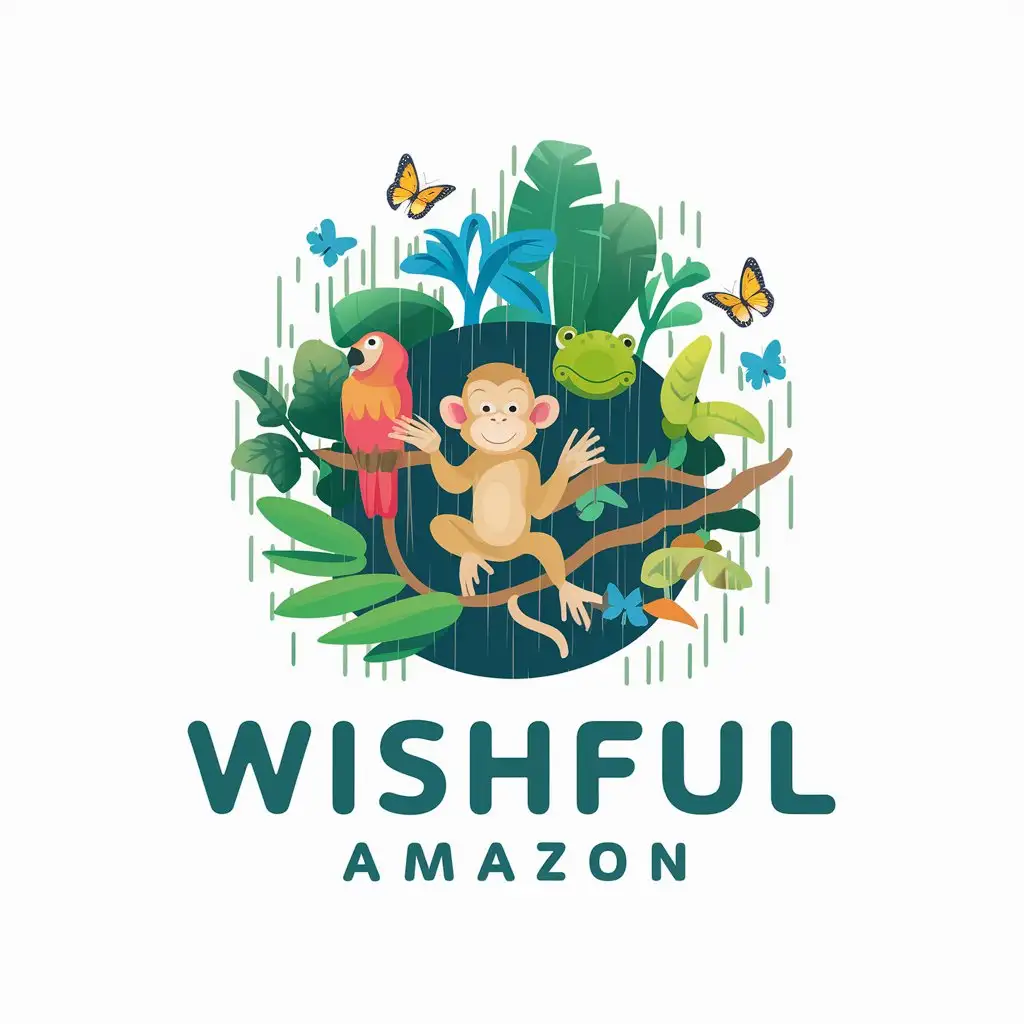 LOGO-Design-for-Wishful-Amazon-Rainforest-Wildlife-Theme-with-Monkeys-Chameleons-and-Butterflies