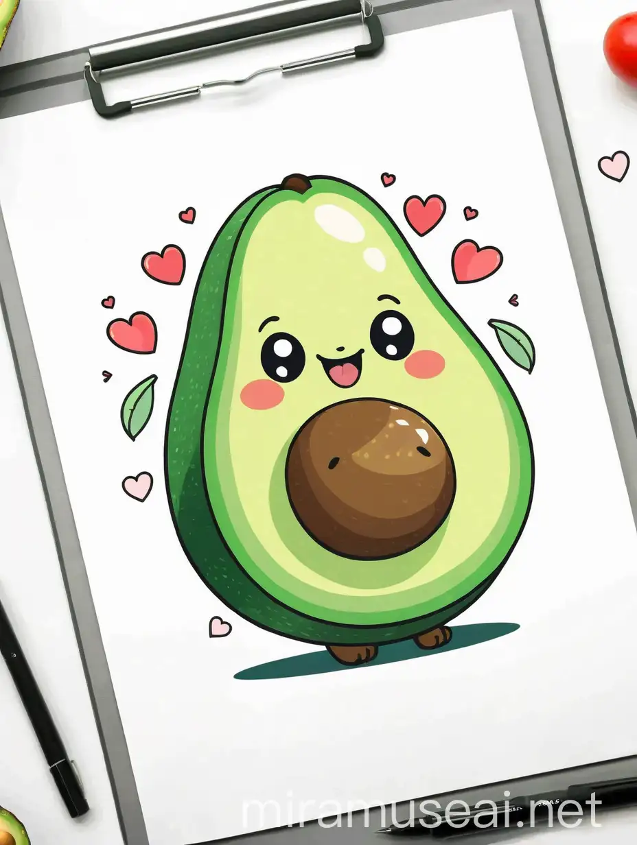 Happy Cute AnimeStyle Avocado with Hearts on White Background