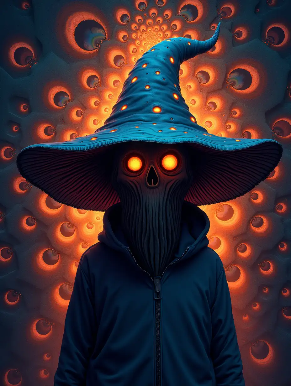Mushroom wizard in a magic hat and hoodie stands against the background of psychedelic fractals of hexagons, his face is hidden by the shadow of the hat, his eyes are burning
