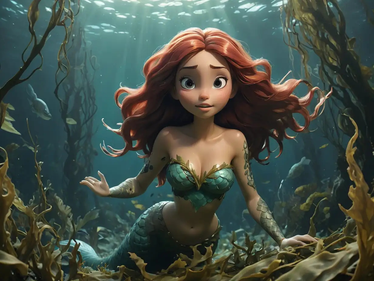 A wide-angle image of a mermaid swimming through a dense, overgrown forest of large seaweed, with the seaweed wrapped around her. The atmosphere is mysterious and underwater, 3d disney inspire