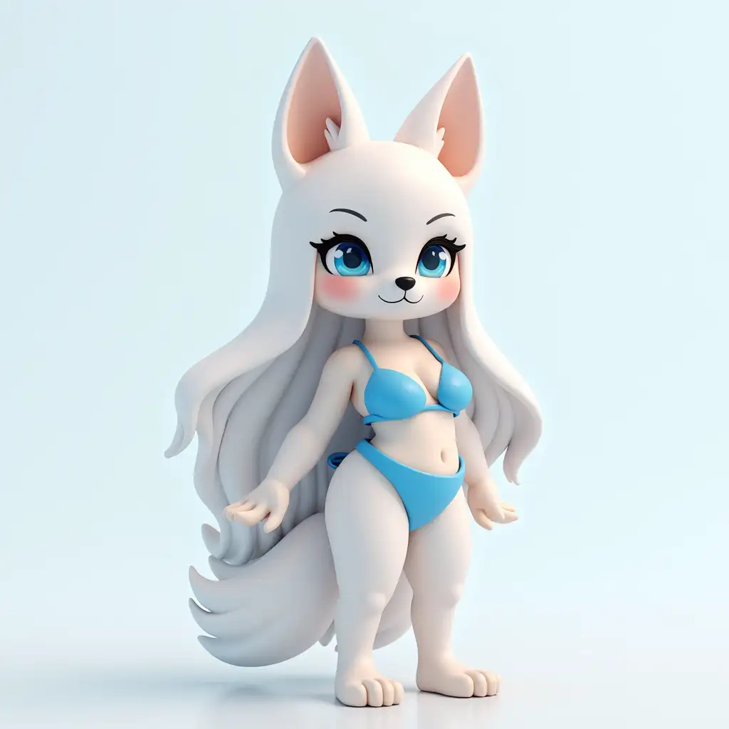 A stylized 3D image of a female anthropomorphic arctic fox character with pure white fur, long flowing hair and blue eyes wearing a blue bikini