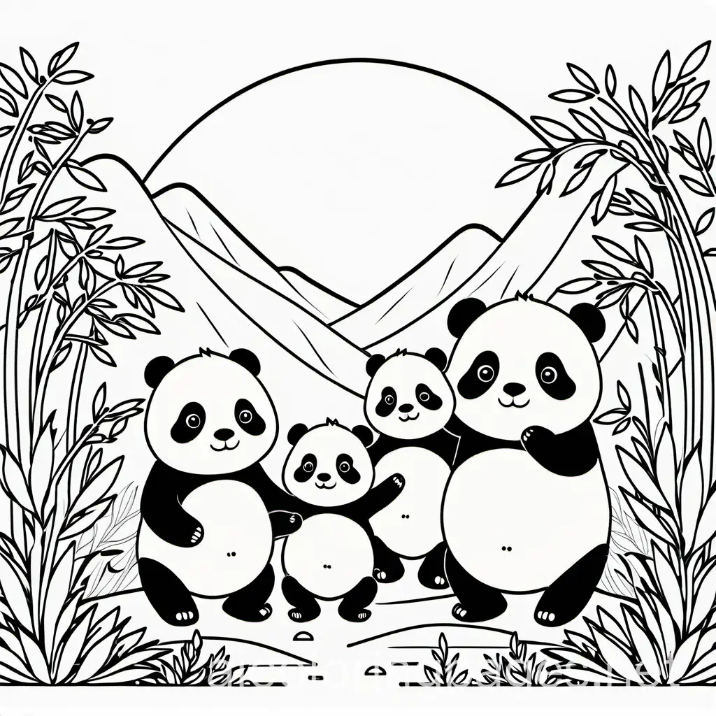 panda family, Coloring Page, black and white, line art, white background, Simplicity, Ample White Space. The background of the coloring page is plain white to make it easy for young children to color within the lines. The outlines of all the subjects are easy to distinguish, making it simple for kids to color without too much difficulty
