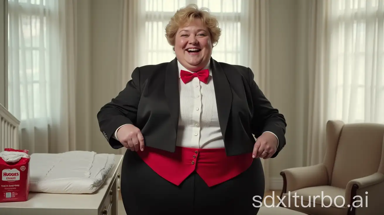 Smiling-MiddleAged-Woman-in-Formal-Tuxedo-at-Nursery-Changing-Table