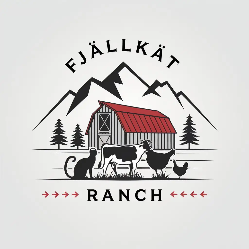 LOGO Design for FjllKt Ranch Minimalistic Mountains Barn and Animals with a Cat Cow and Chicken Focus