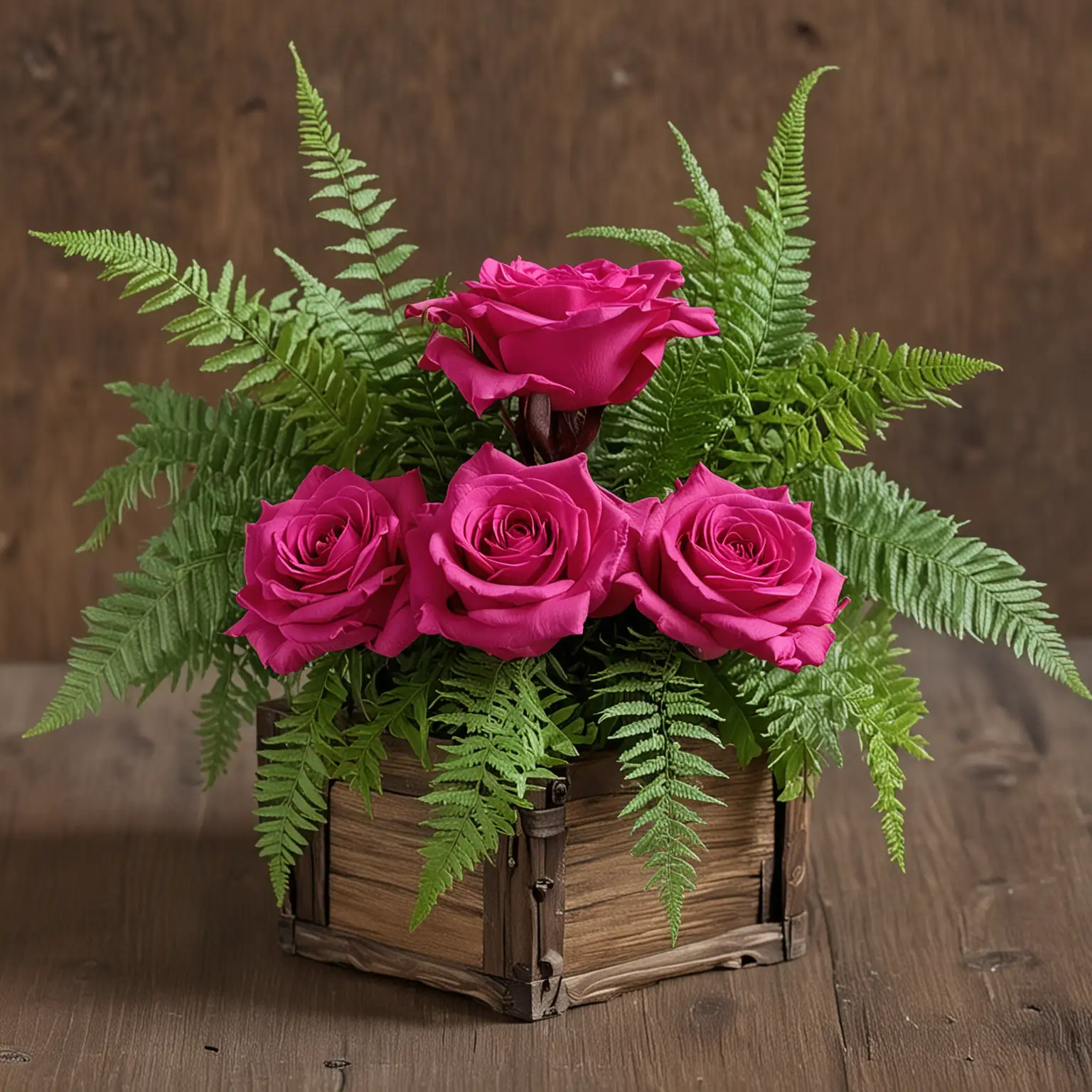 small centerpiece with fuchsia roses with ferns in a square wood vase painted fuchsia